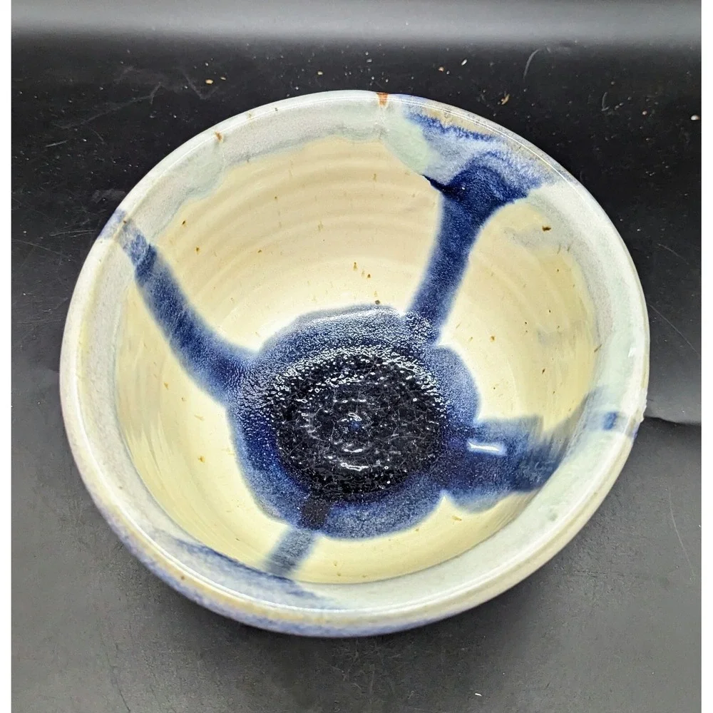 Vintage Handmade Studio Art Pottery Blue Drip Glaze Decorative Bowl Signed 7.5
